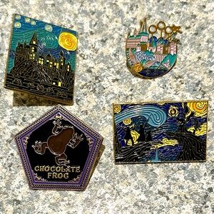 4 Harry Potter Pins Castle Van Gogh Starry Night Quidditch Chocolate Frog Enamel